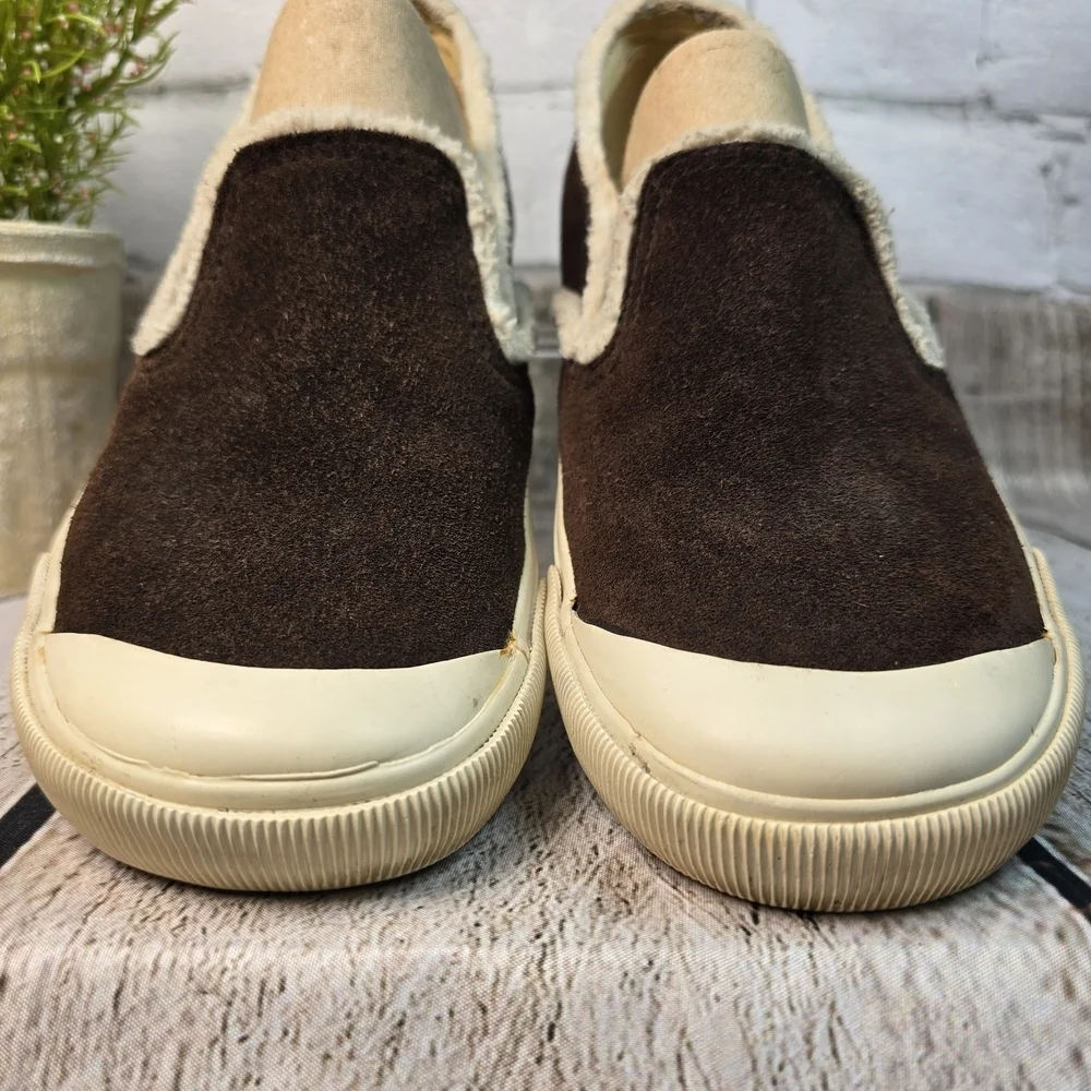 ALDO BROWN SUEDE SLIP ON SNEAKER LOAFER CREAM TRIM WOMENS SIZE 39 EURO
